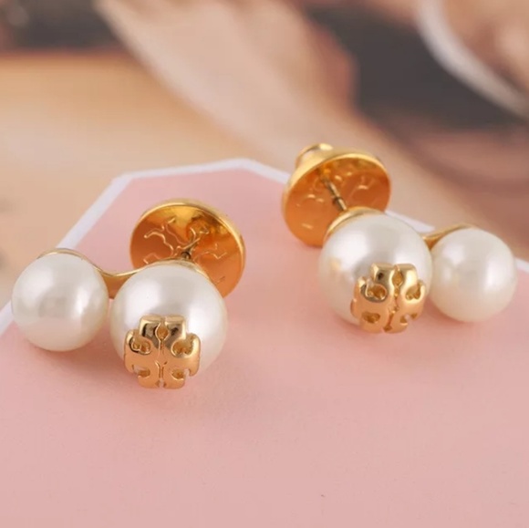 Tory Burch "Evie" Gold Double Drop Pearl Earrings - Picture 4 of 5
